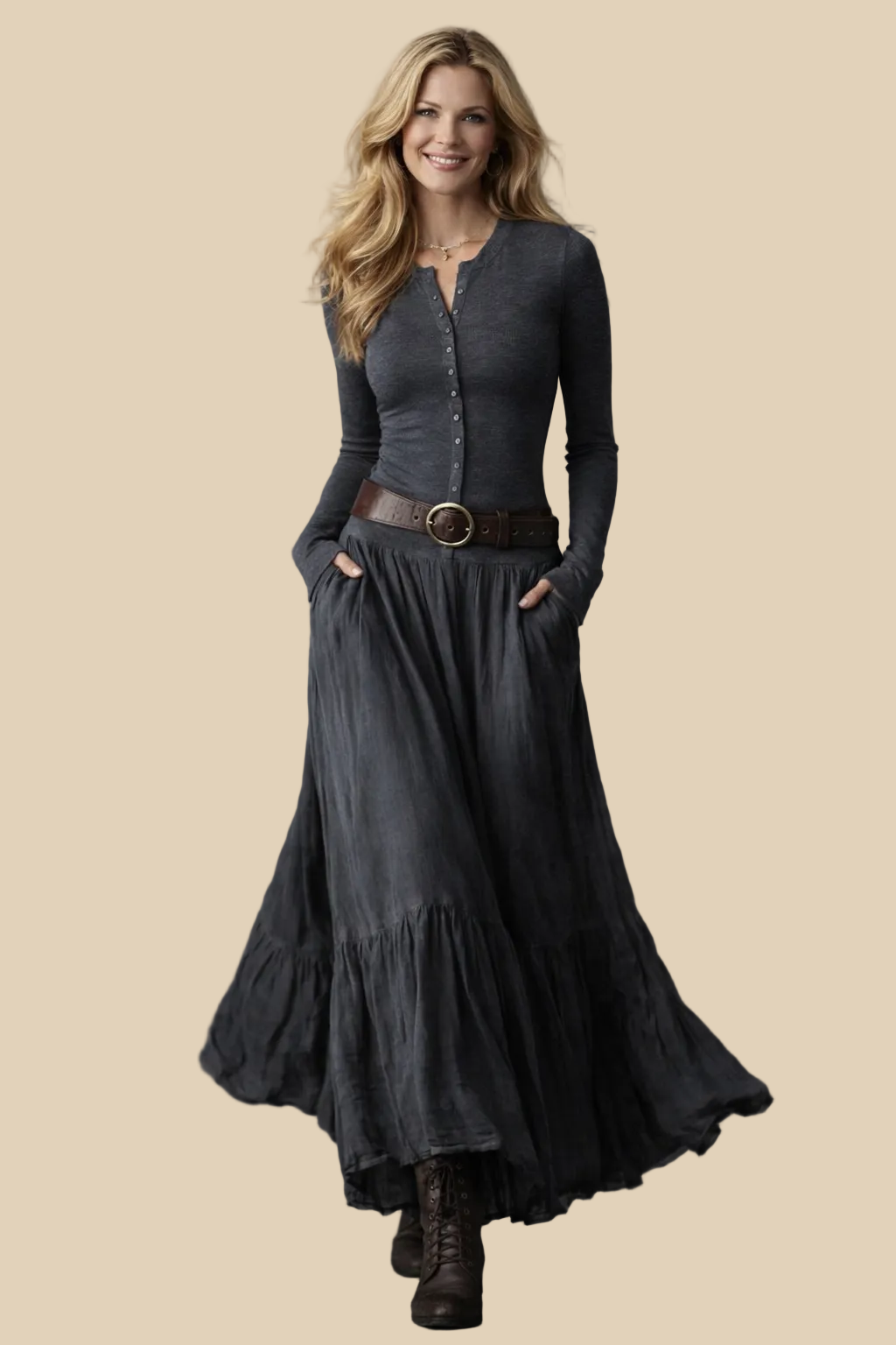 Elegantes Karo-Maxikleid mit Knopfleiste