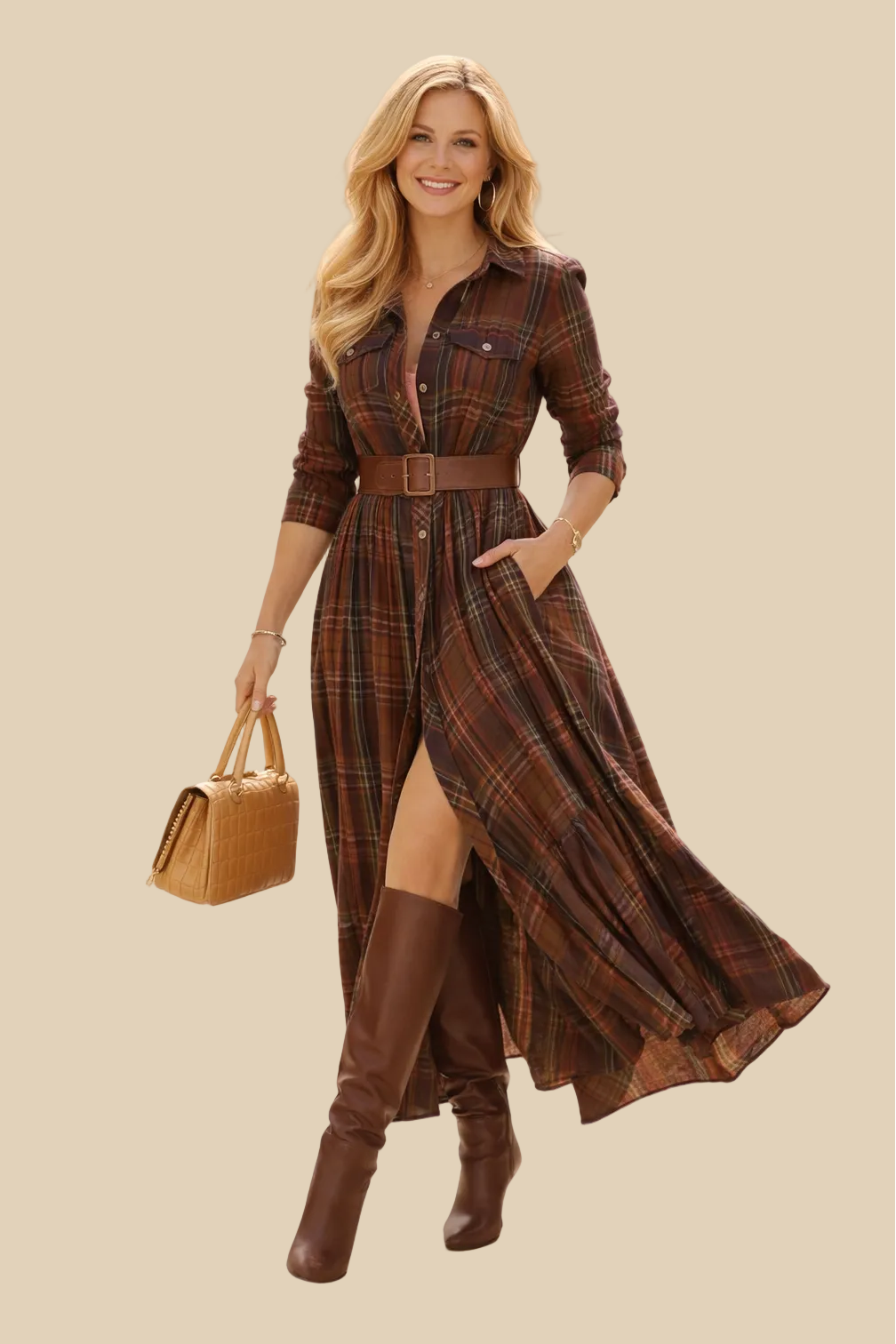 Retro Karo-Maxikleid mit Gürtel