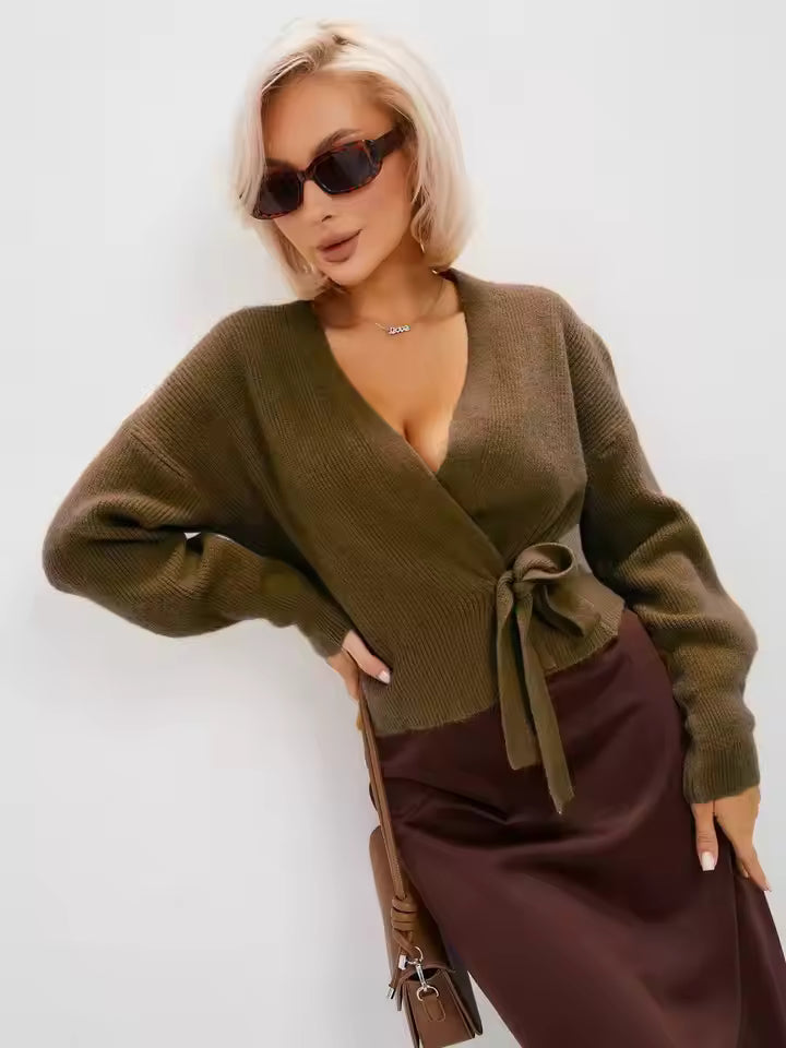 V-Ausschnitt-Gürtel-Strickjacke