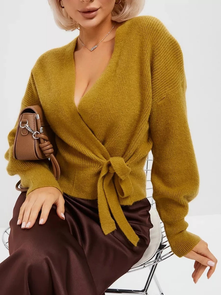 V-Ausschnitt-Gürtel-Strickjacke