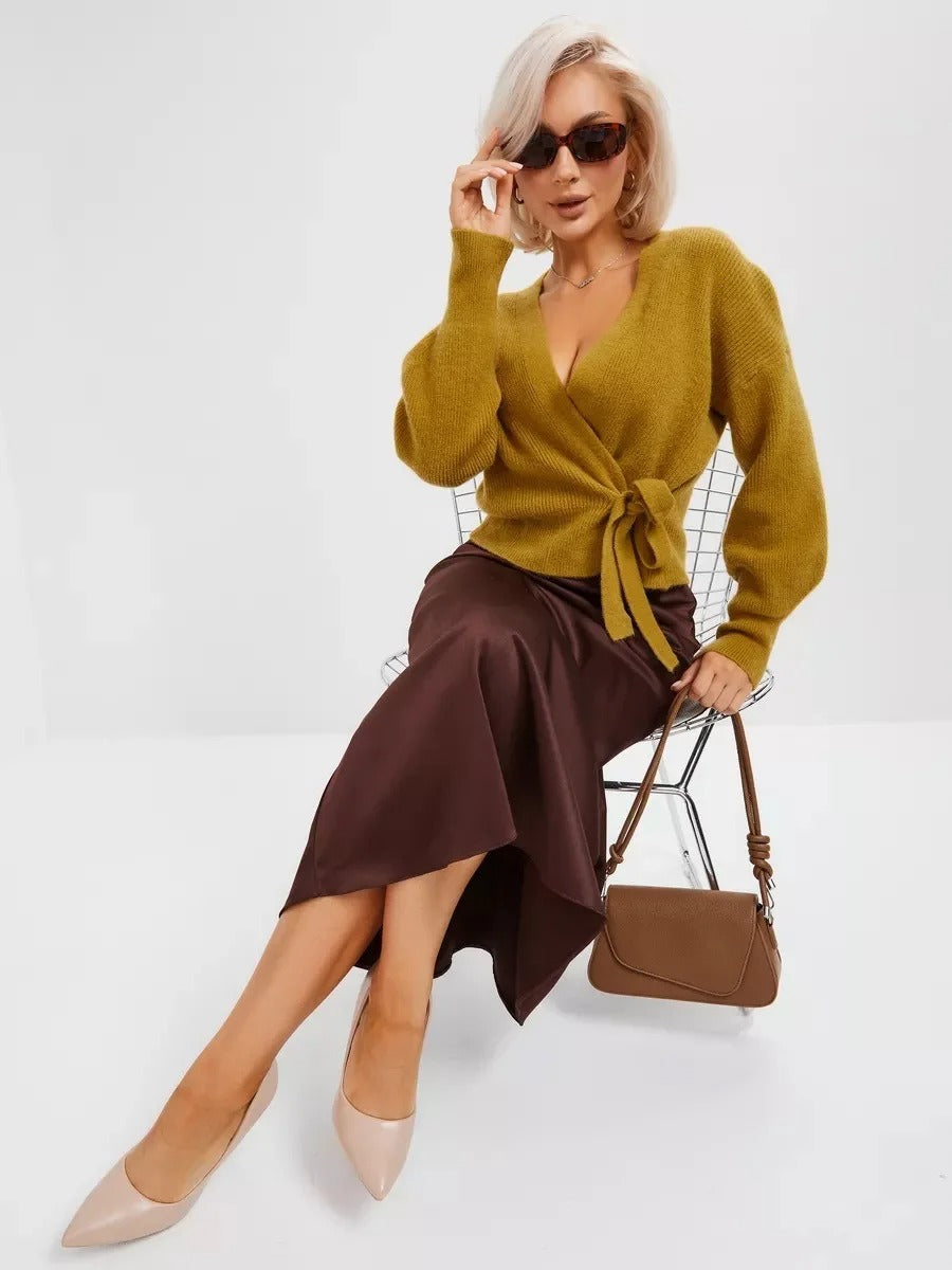 V-Ausschnitt-Gürtel-Strickjacke