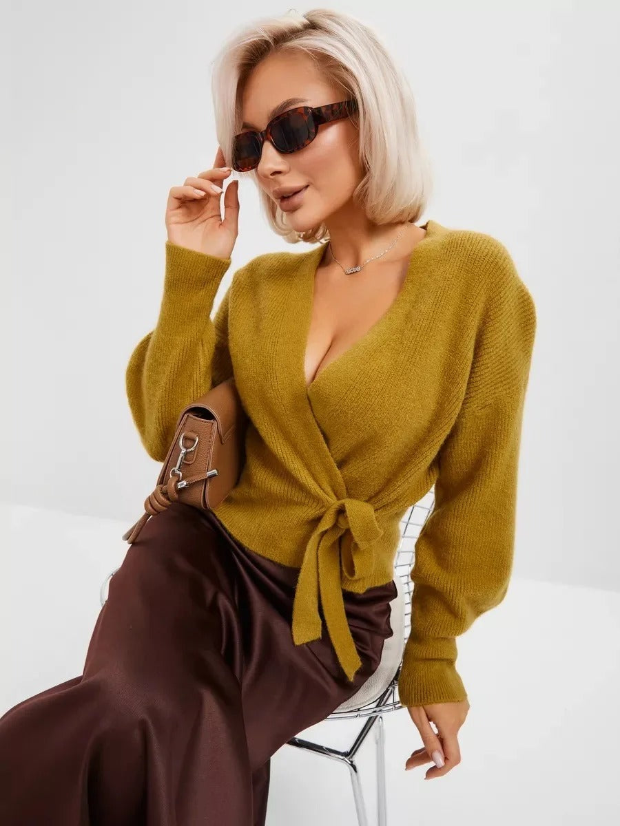 V-Ausschnitt-Gürtel-Strickjacke