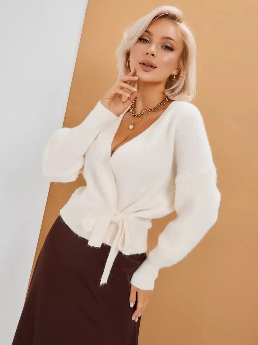 V-Ausschnitt-Gürtel-Strickjacke