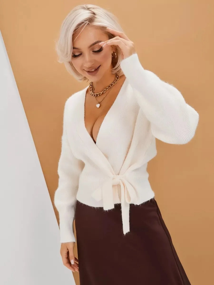 V-Ausschnitt-Gürtel-Strickjacke