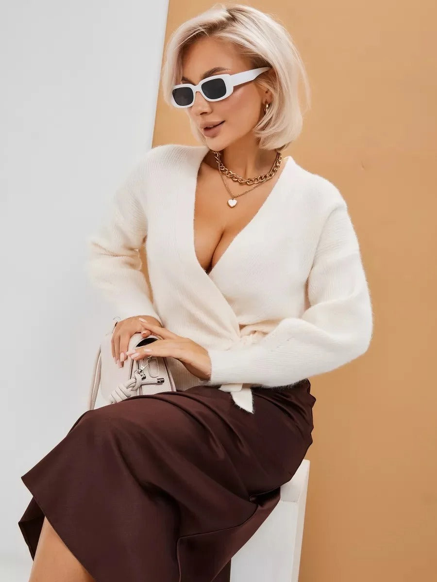 V-Ausschnitt-Gürtel-Strickjacke